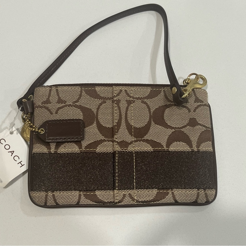 Coach Y2K Legacy Stripe Brown and Cream Patterned Wristlet